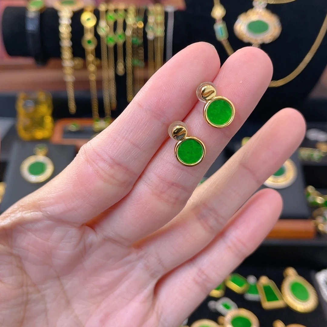 翡翠银S925镀金镶嵌耳饰