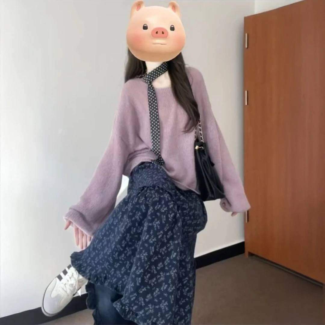 法式ins学院风懒紫色圆领套头毛衣女学生+碎花半身裙穿搭一整套装