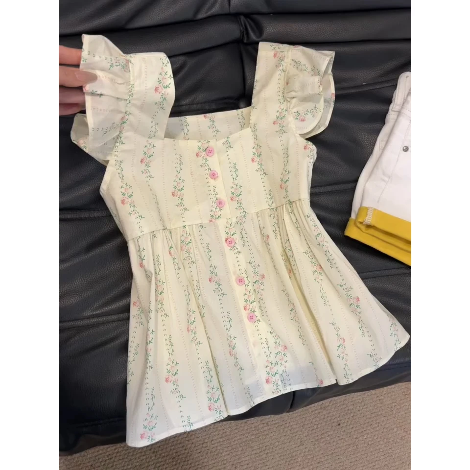 YIGUJIE/依古街飞飞袖衬衫女夏季法式甜美洋气荷叶边显瘦碎花上衣