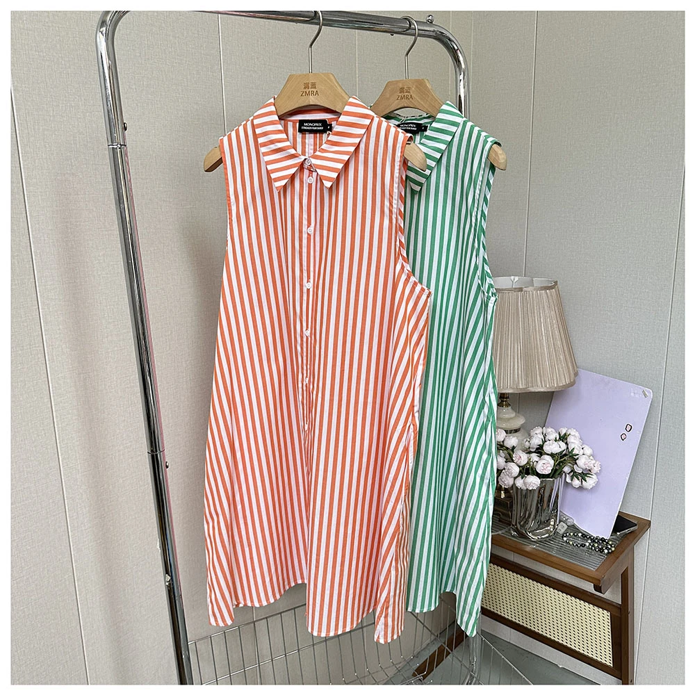 1Q047夏季新款式中长款竖条翻领女士休闲无袖连衣裙女