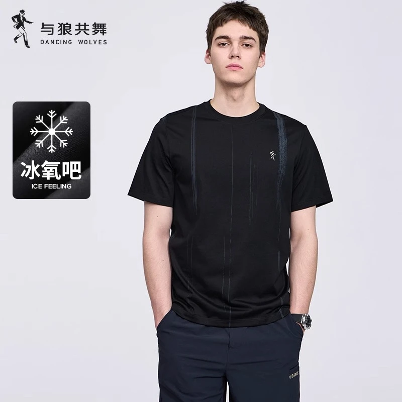 【冰氧吧】与狼共舞圆领短袖T恤男装2025夏季新款黑色内搭上衣