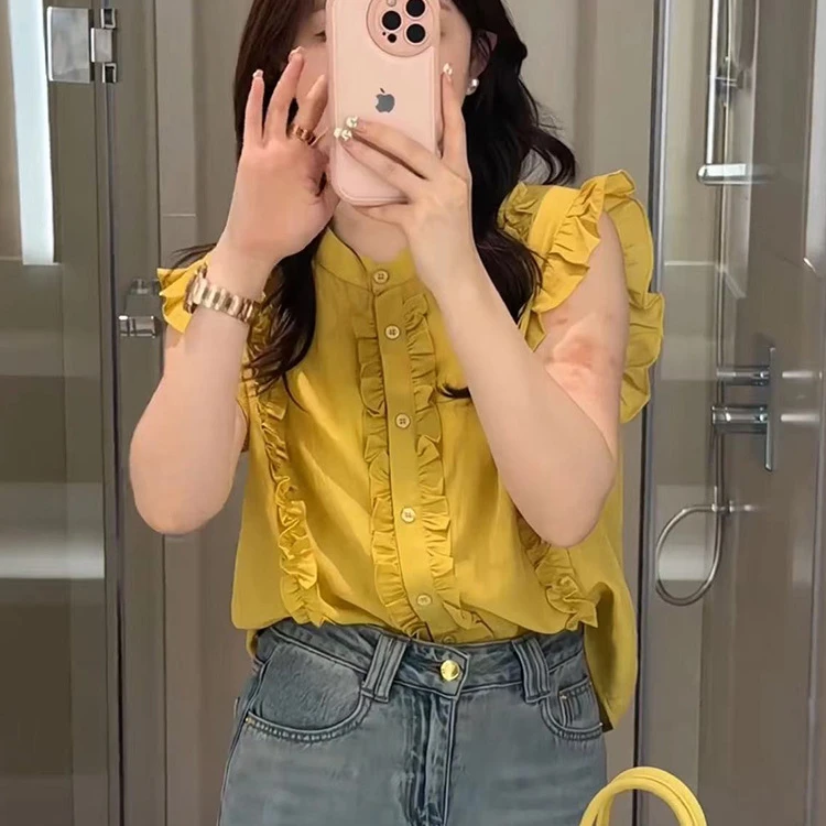 夏季立领极简风洋气无袖衬衫泡泡袖衬衣上衣时尚宽松韩版小众小衫
