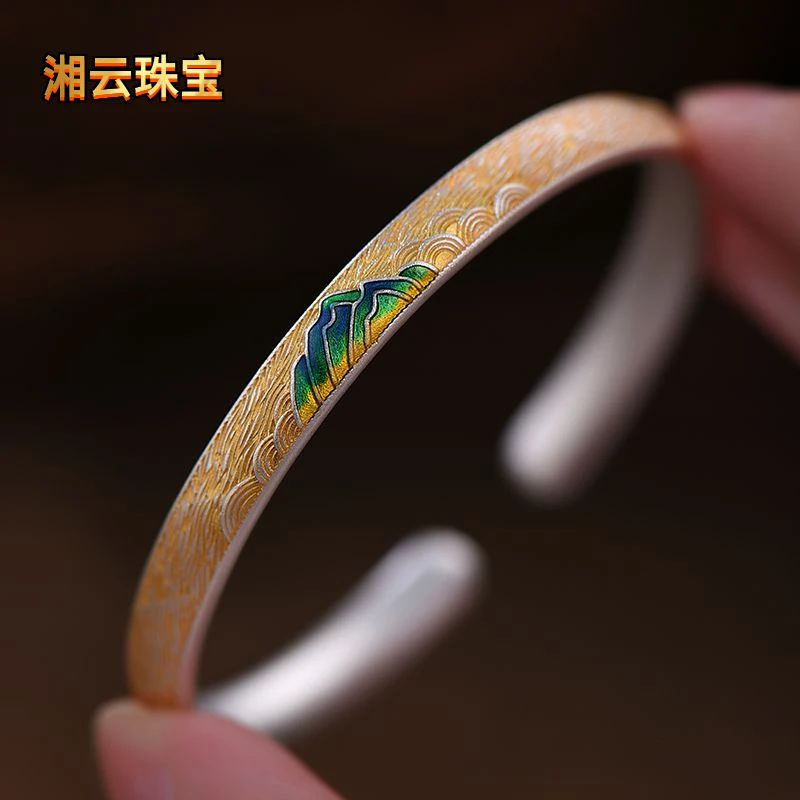 湘云 足银手镯 999.9千里江山手镯新中式珐琅彩描金银镯子女26克
