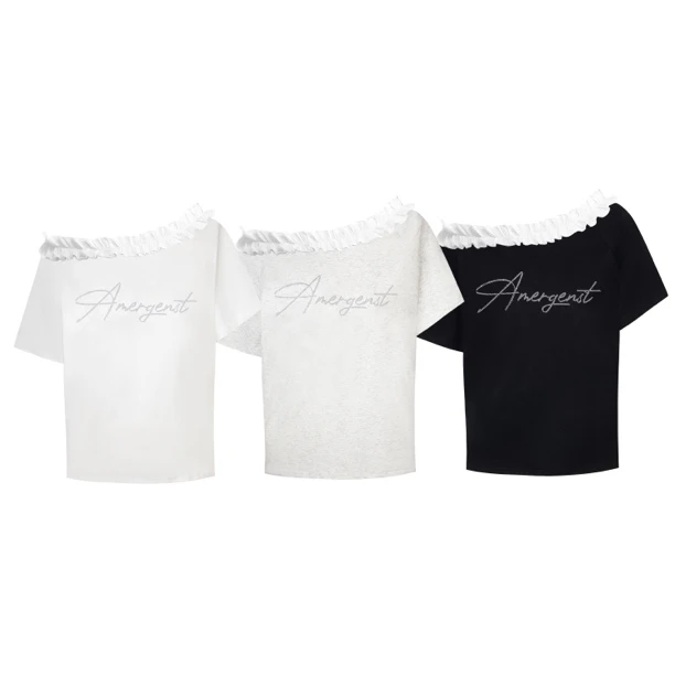 UPPUR 花边斜肩短袖t恤女夏季辣妹露肩性感显瘦上衣烫钻tee