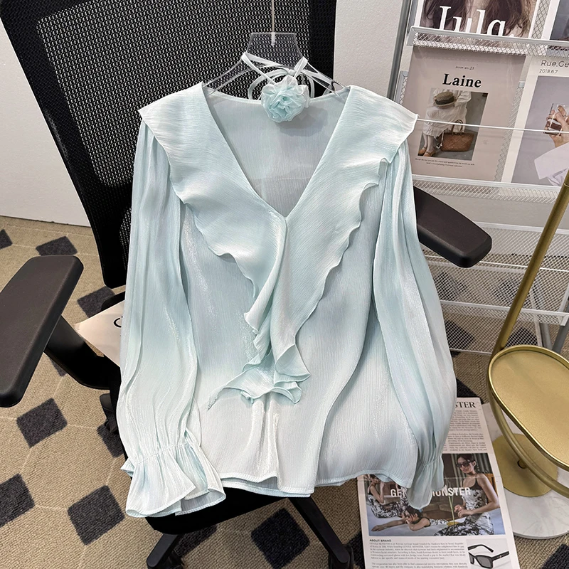 立体花朵荷叶边V领雪纺衬衫女春装2025年新款设计感长袖小众上衣