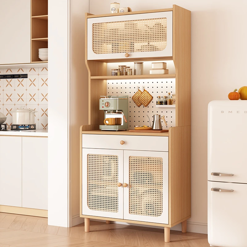 窄型藤编奶油风餐边柜酒柜置物架靠墙家用客厅厨房储物柜落地立柜