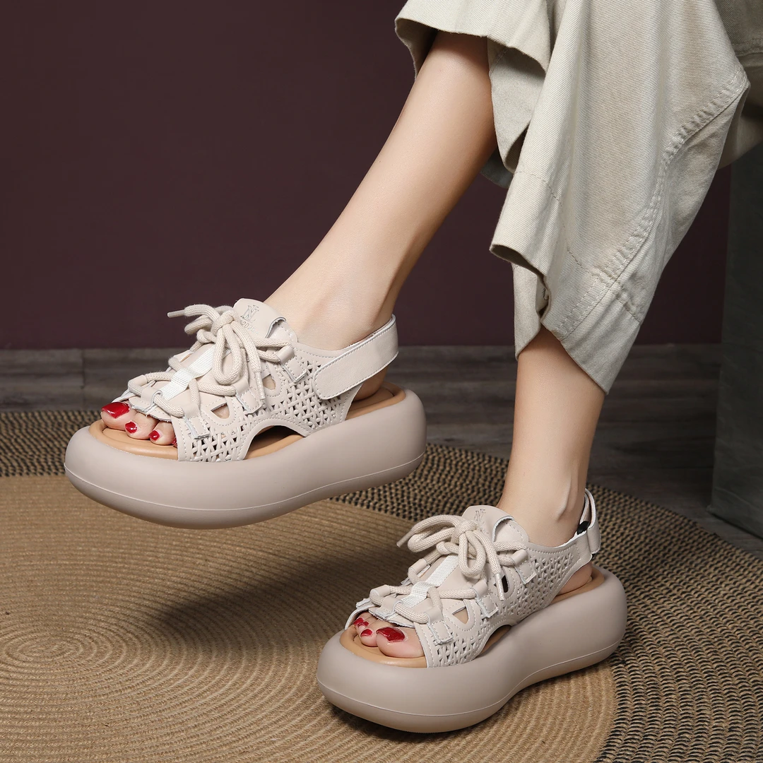 头层牛皮复古串绳镂空凉鞋手工真皮魔术贴厚底小个子女鞋休闲百搭