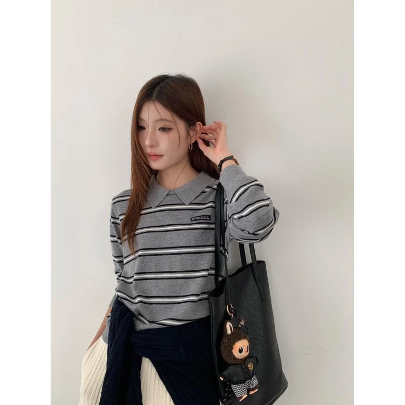 条纹POLO领毛针织衫宽松常规针织长袖翻领25206#