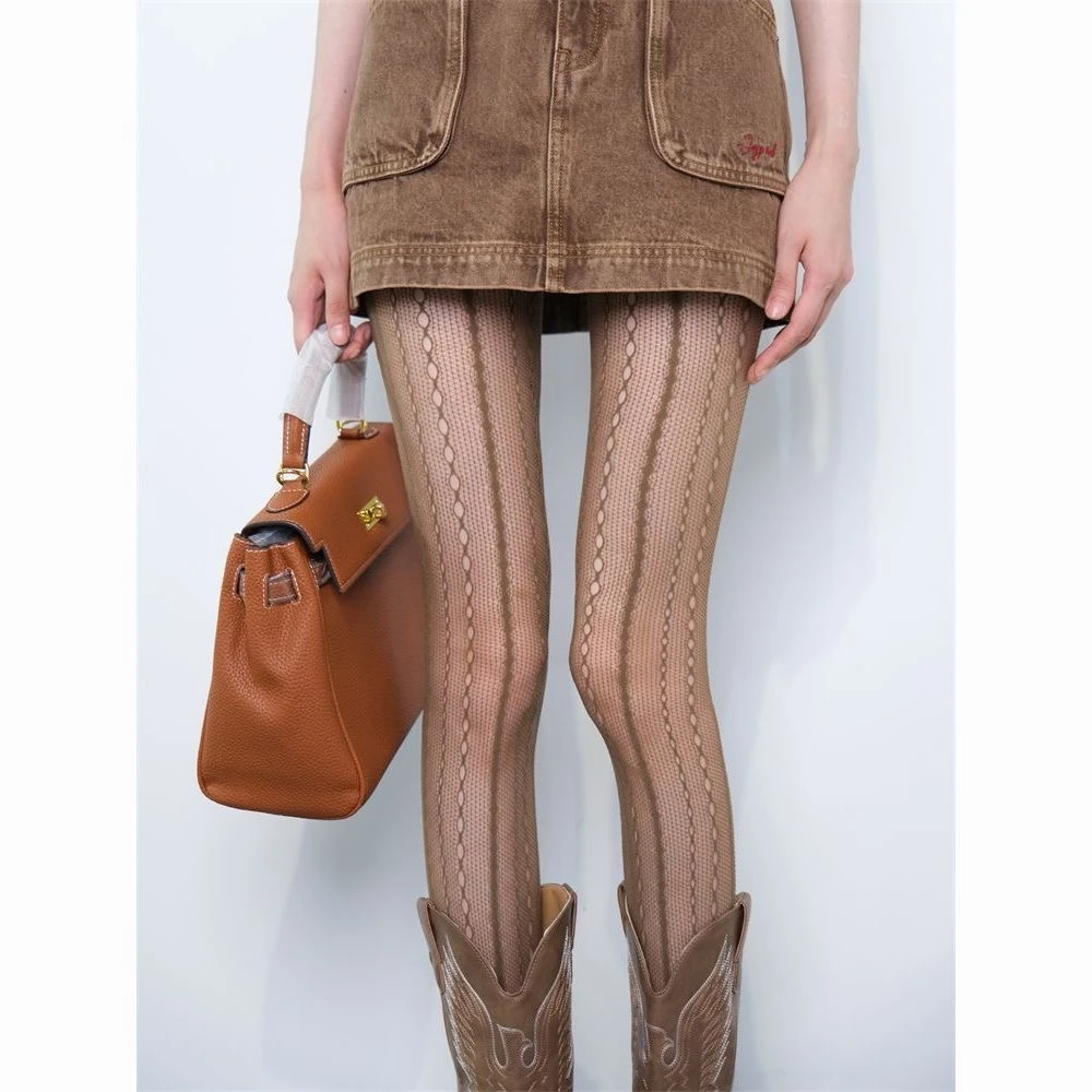 “野蛮生长”辣妹咖色复古小众设计镂空蕾丝竖纹提花连裤袜