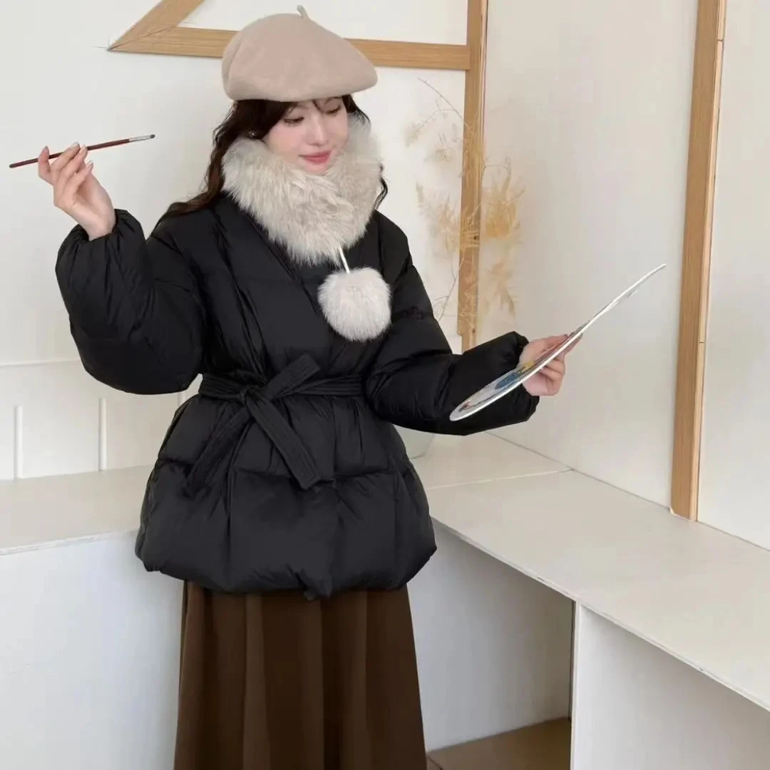 韩版韩系氛围秋冬腰带绒服短款外套毛毛围脖甜美优雅俏皮