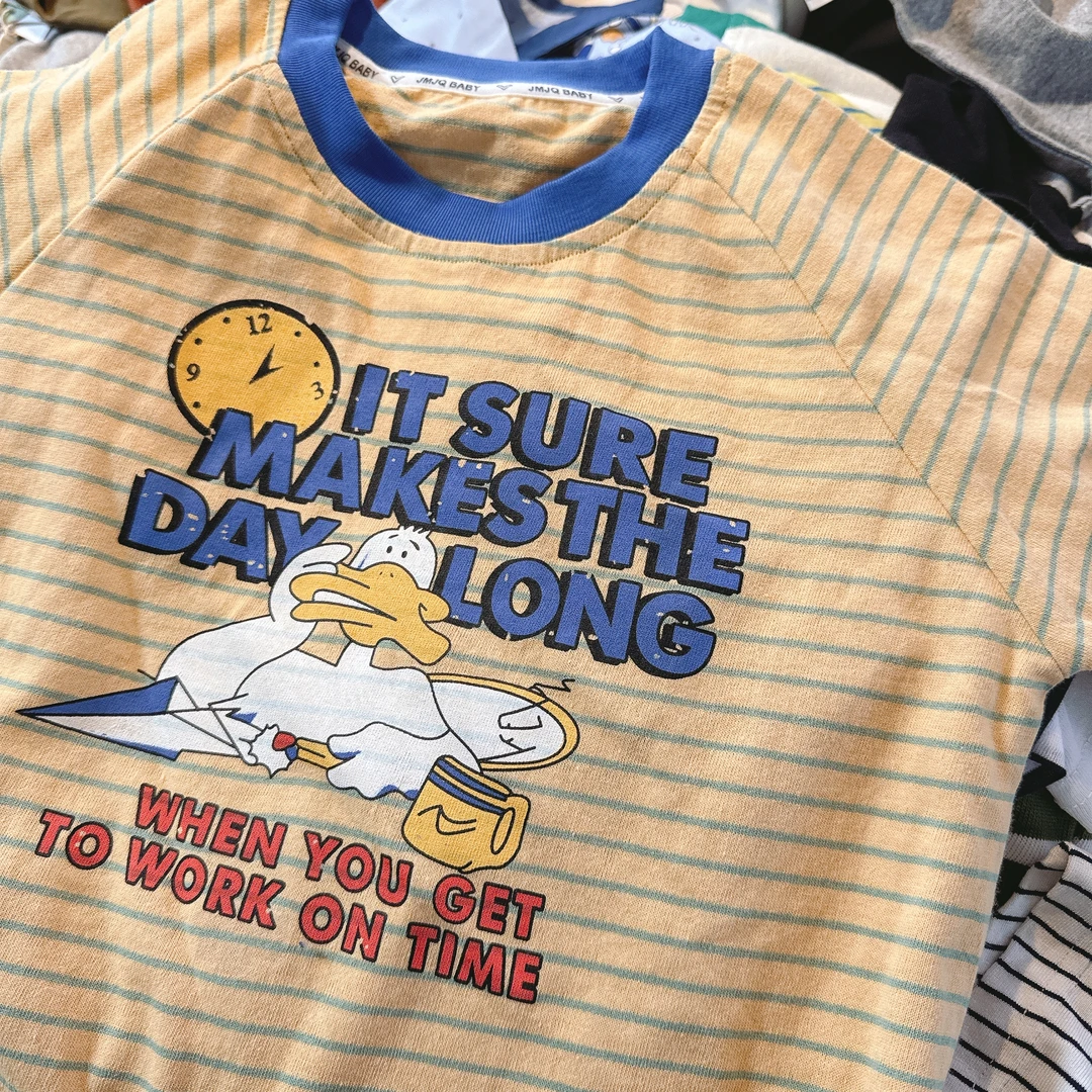 【JMJQ 25193】夏季新款中小童韩版亲肤色织条纹美式印花短袖体恤