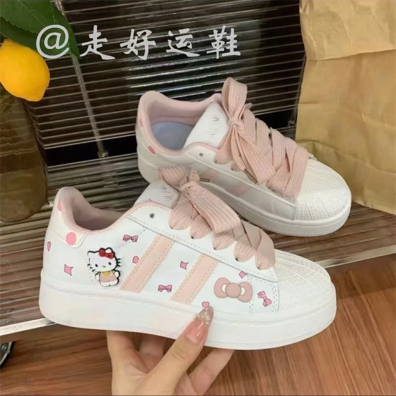 34码小码2025新款百搭轻便hellokitty鞋贝壳粉色潮学院风面包板鞋