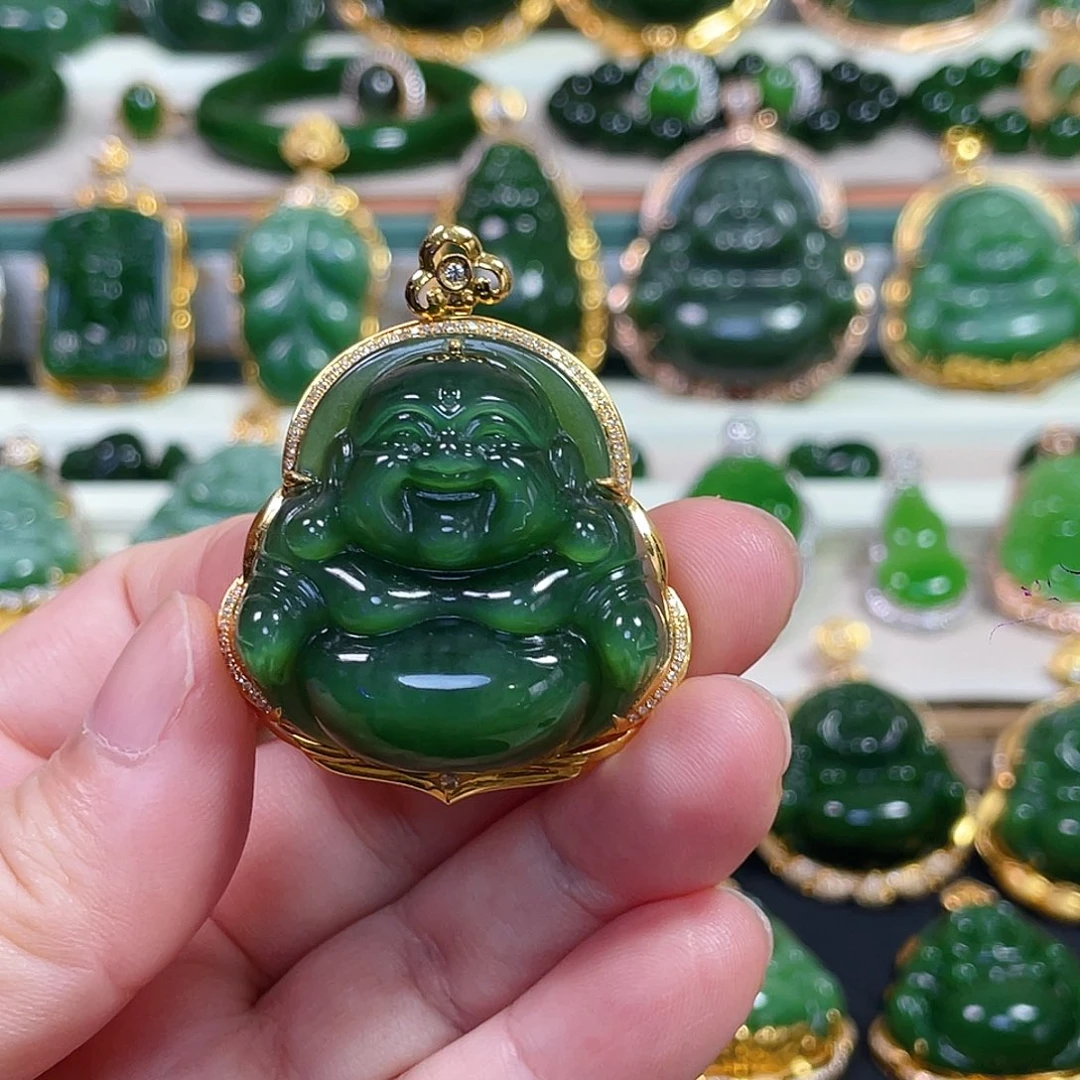 和田玉18K金镶嵌颈饰绿猫眼佛公35mm