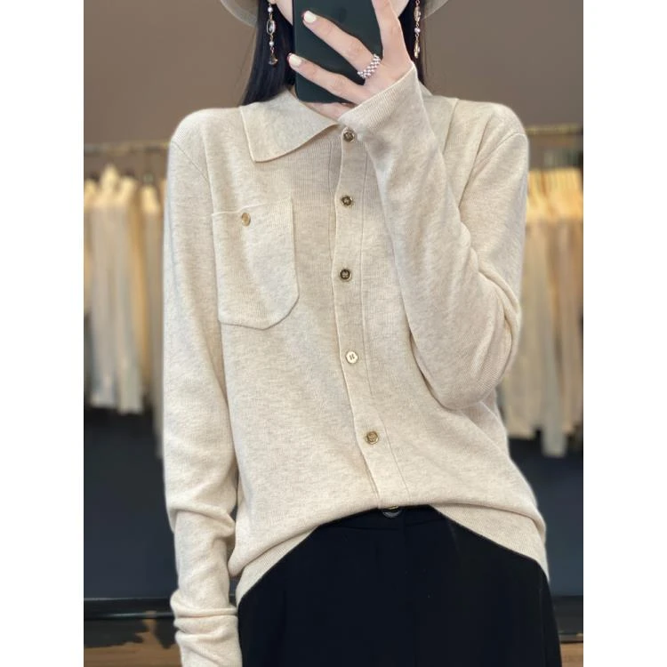 精纺羊毛polo领长袖开衫带兜针织衫女薄款