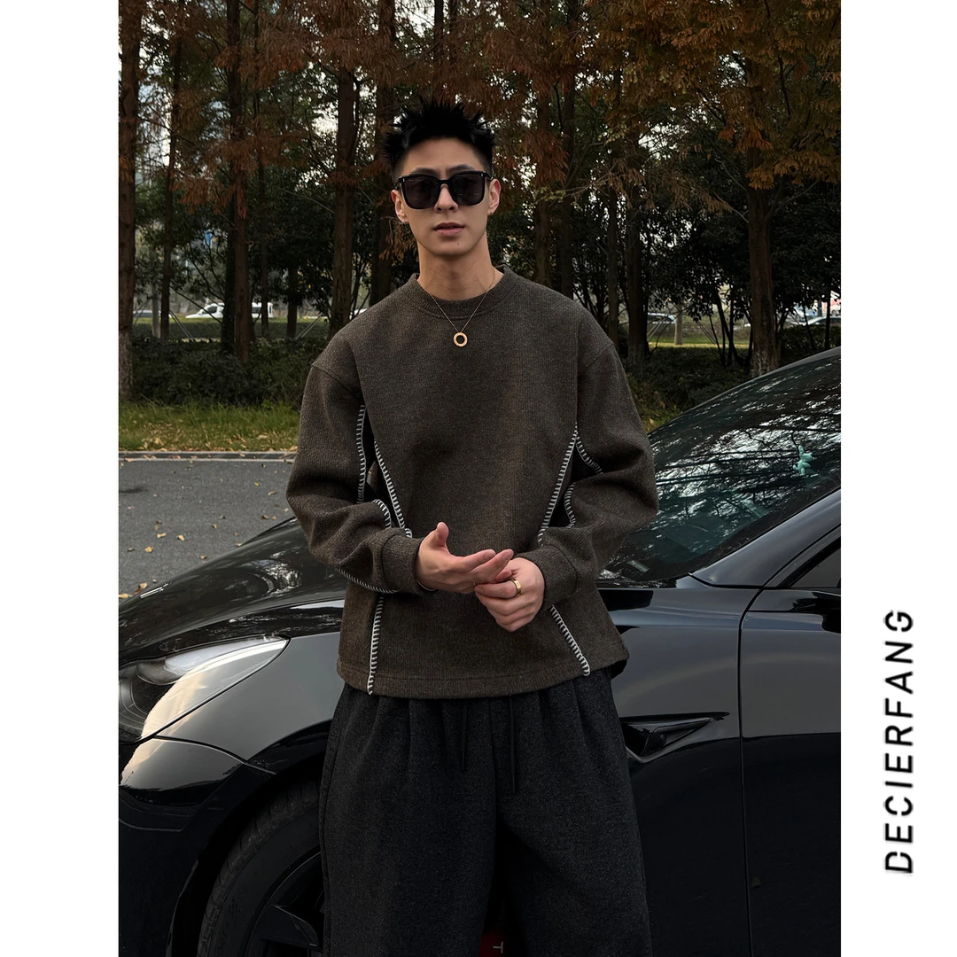 定制撞色羊毛混纺编织花边加绒男士卫衣冬季上衣潮流圆领套头上衣