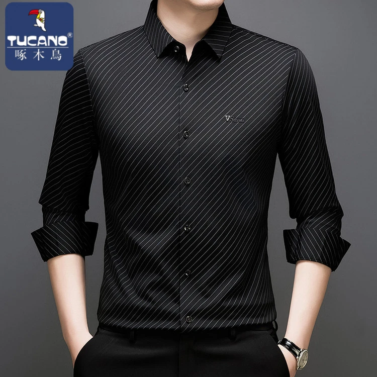 啄木鸟男士高档无痕衬衫春季新款斜条纹时尚百搭商务休闲抗皱衬衣