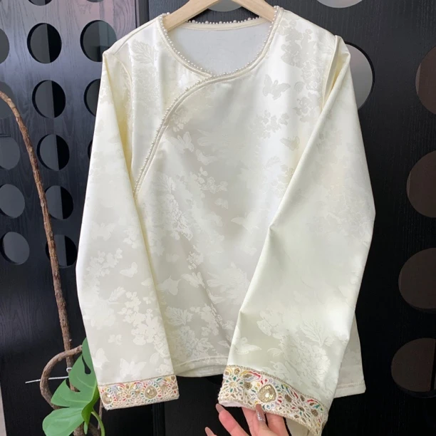 “加绒秋意浓” 钉珠国风小衫提花斜襟圆领拼接气质百搭打底上衣