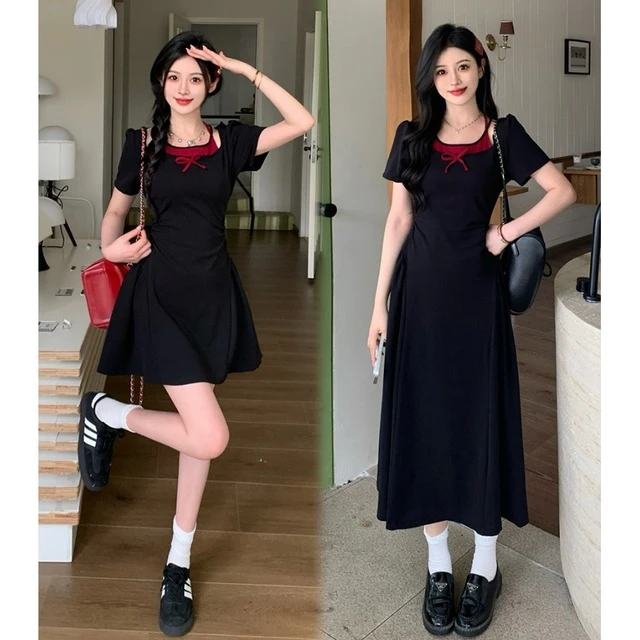 大码法式复古赫本风收腰显瘦气质短袖连衣裙女夏季胖mm小个子短裙