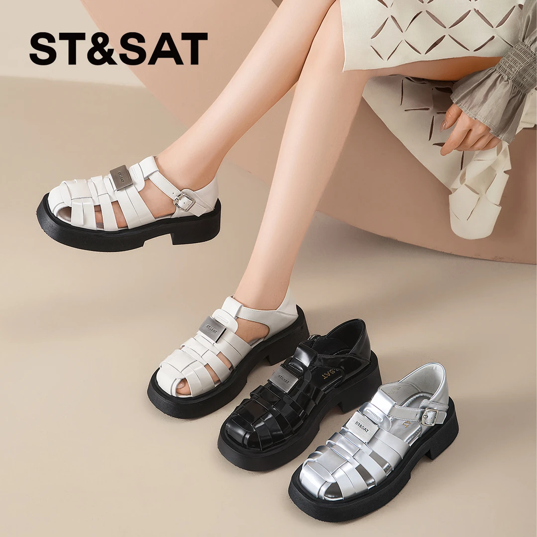 星期六夏季时尚镂空罗马真皮厚底休闲增高单鞋千金鞋子名媛风百搭