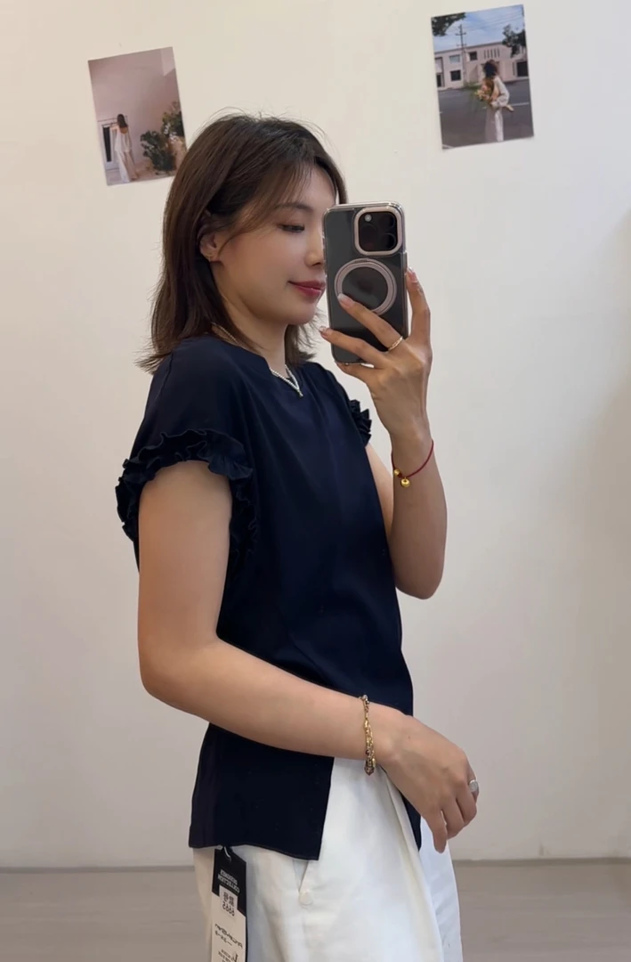 极简风轻职风纯欲风时尚小众短袖T恤荷叶边宽松圆领简约后面绑带