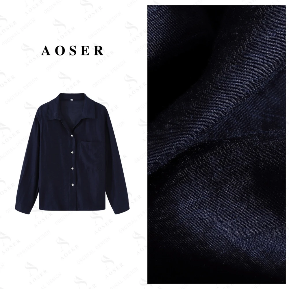 AOSER长袖休闲风简约宽松衬衫女装时尚百搭气质上衣纯色25611