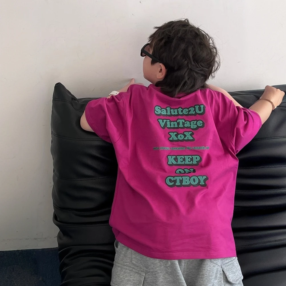 男童潮酷韩版上衣薄款儿童玫紫短袖宽松透气夏季男孩潮酷痞帅个性