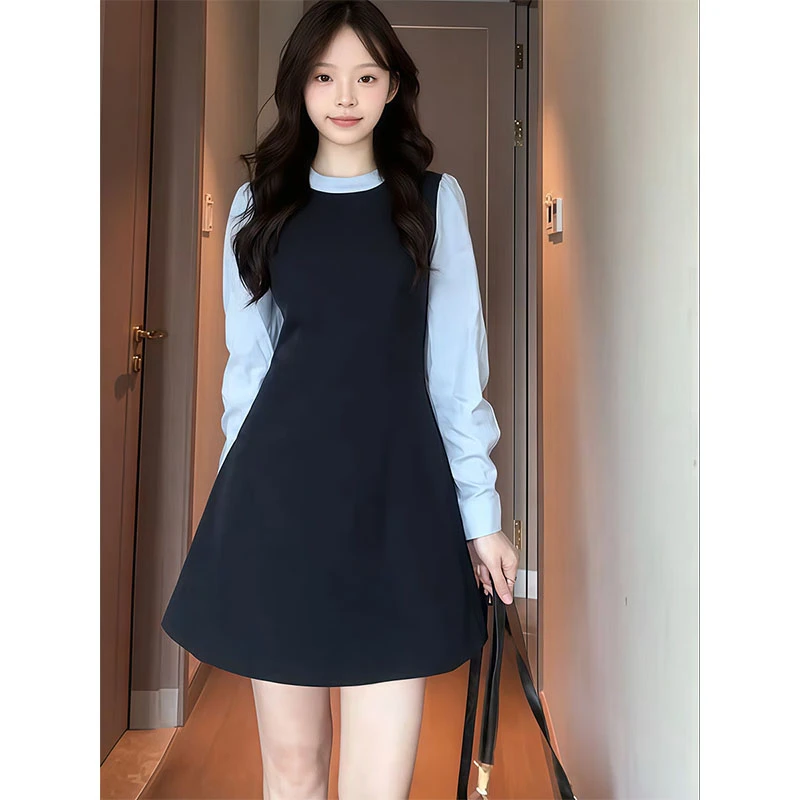 法式假两件长袖连衣裙子女秋冬2025年新款高级设计感气质穿搭长裙