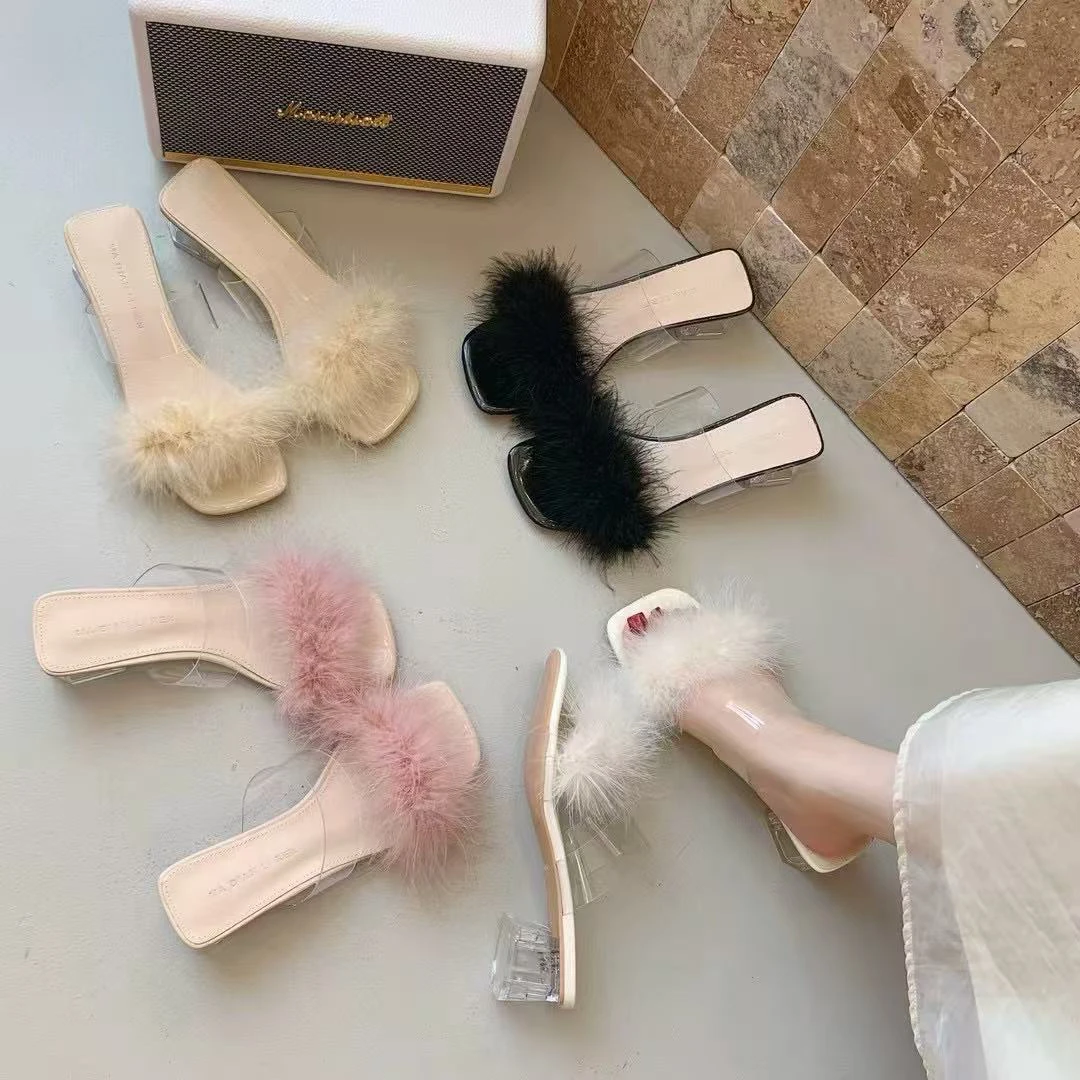 透明水晶跟毛毛高跟鞋2025夏季新款一字带防水台女高跟拖鞋 406