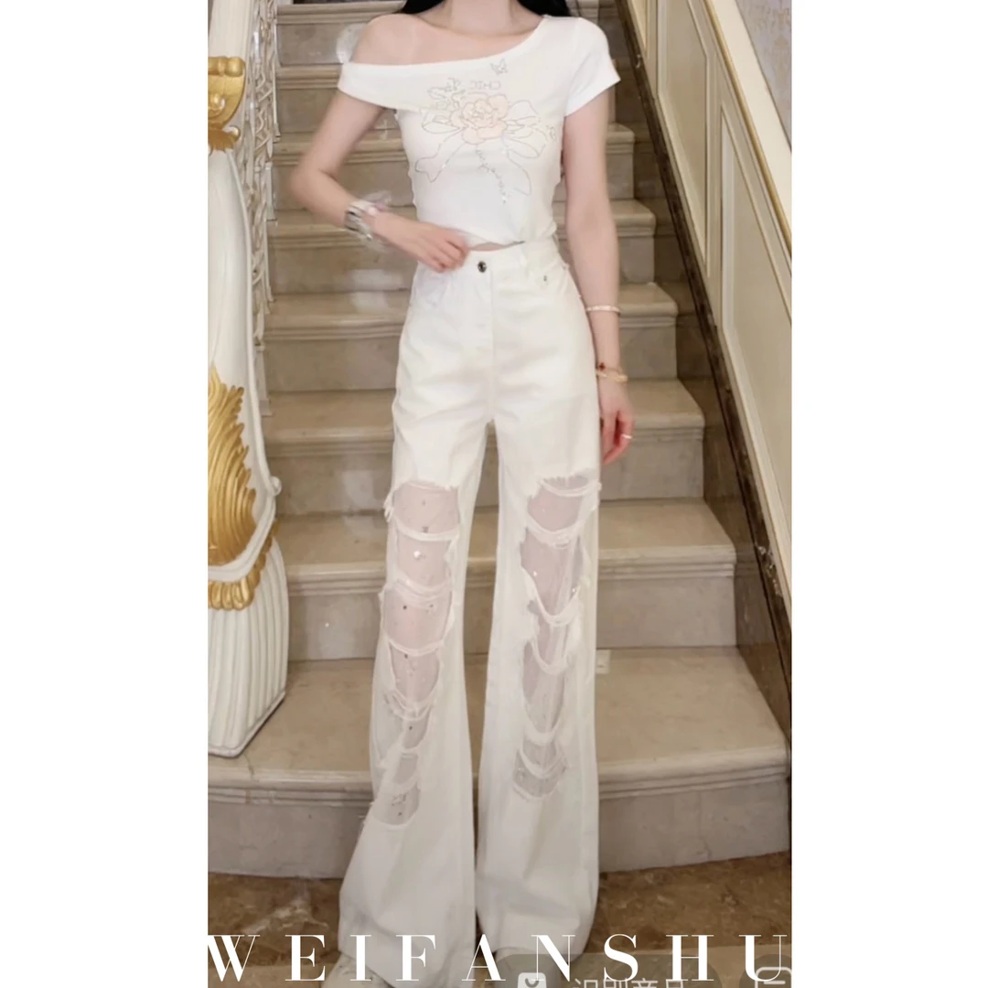 WEIFANSHU/魏凡舒【浅调物语】夏季新款设计感蕾丝百搭破洞牛仔裤