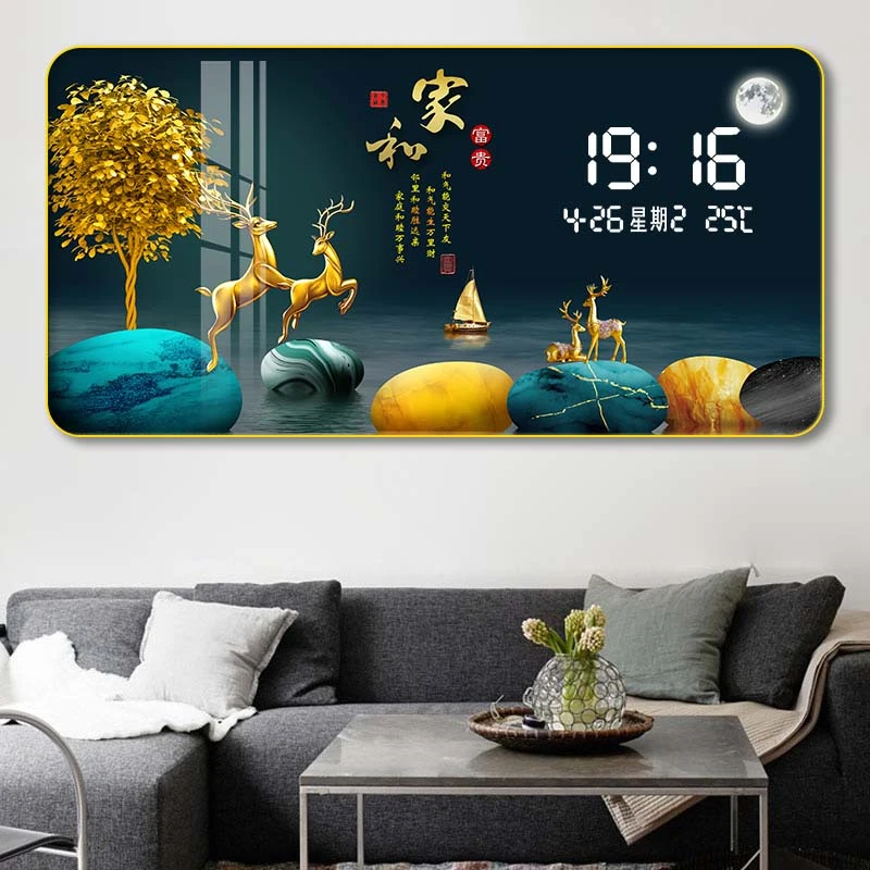 伊龙金鹿送福数字显示插电款客厅沙发背景墙装饰画新中式大气横幅