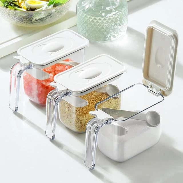 日本调料罐翻盖家用厨房糖盐味精调料盒带勺子控量密封防潮收纳盒