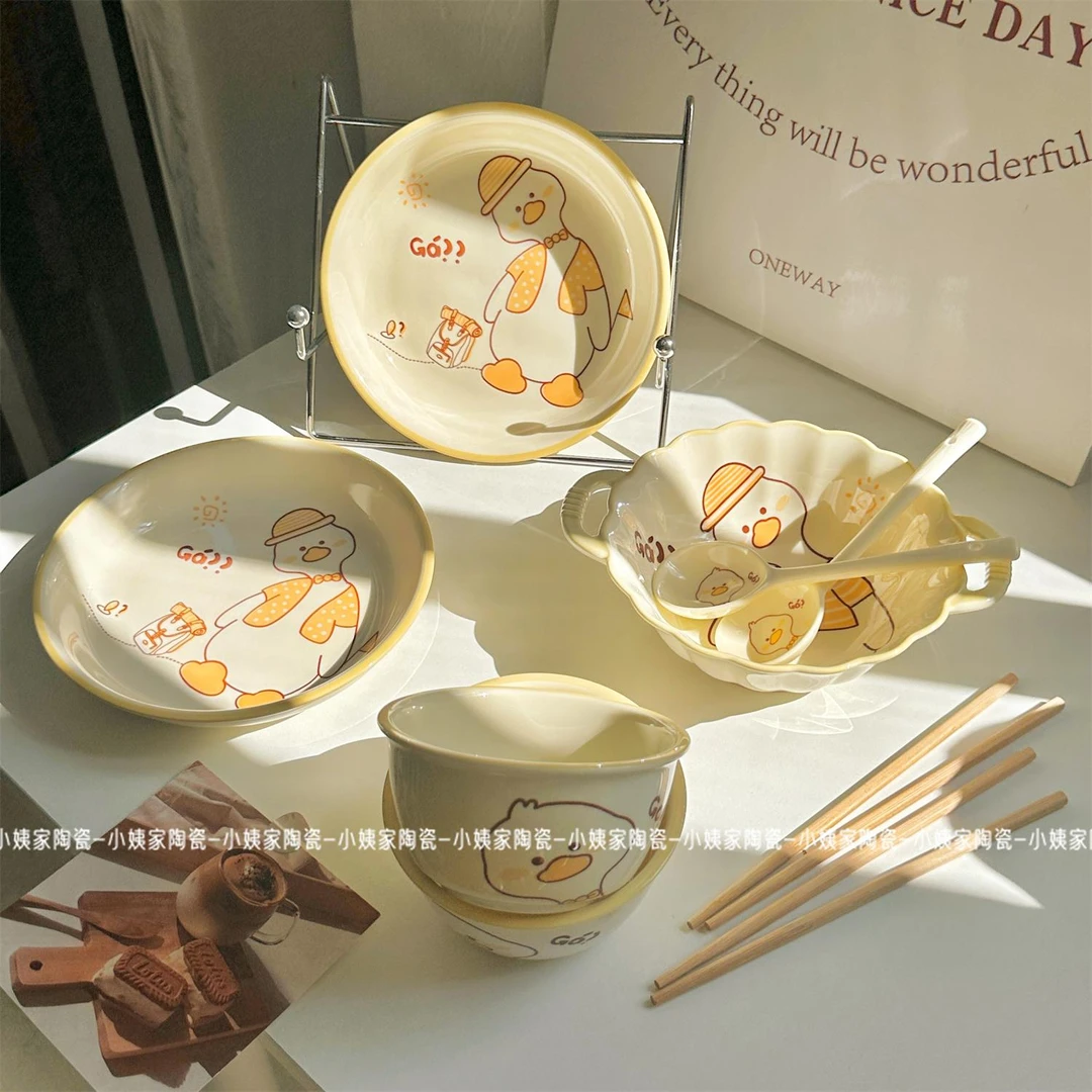 214【GA鸭两人食】(搭配鸡翅木筷子) GaGa鸭陶瓷碗呆萌可爱风釉下彩