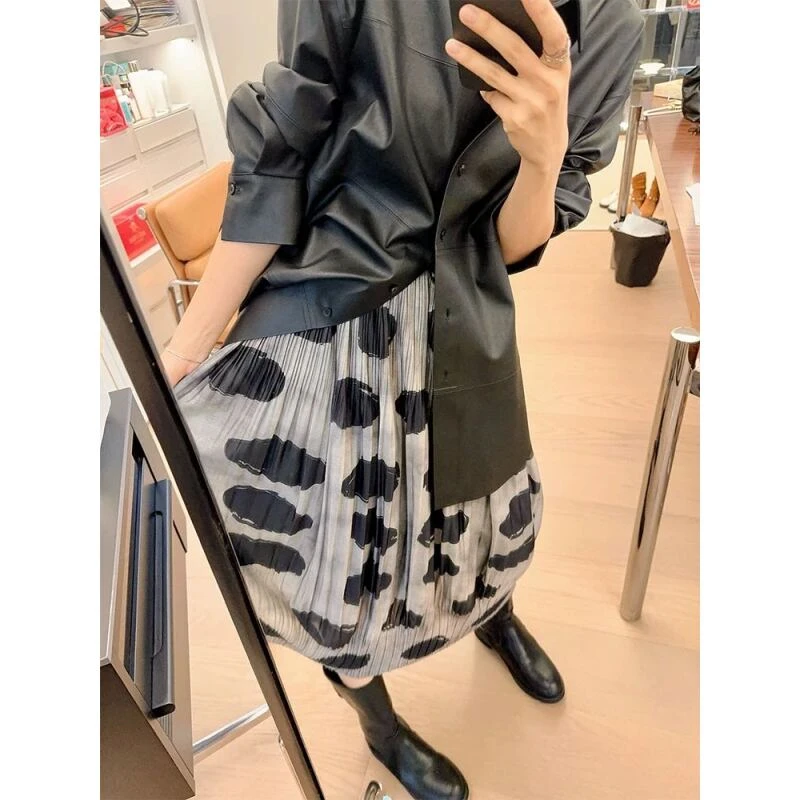 波点半身裙女夏季新款褶皱裙复古显瘦百褶裙23904