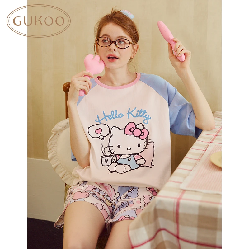 【Gukoo果壳】HelloKitty睡衣纯棉夏季家居服套装少女女士薄款休闲