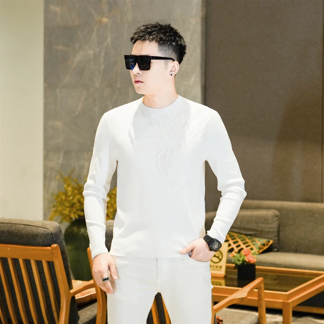 2025秋季新品男士高端定织几何提花针织打底衫白色毛衣潮男GL9808