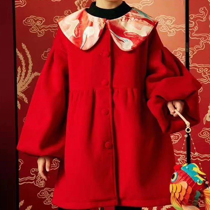 新国潮可拆卸蝴蝶领女童连衣裙毛呢外套冬季2025新年红色拜年服