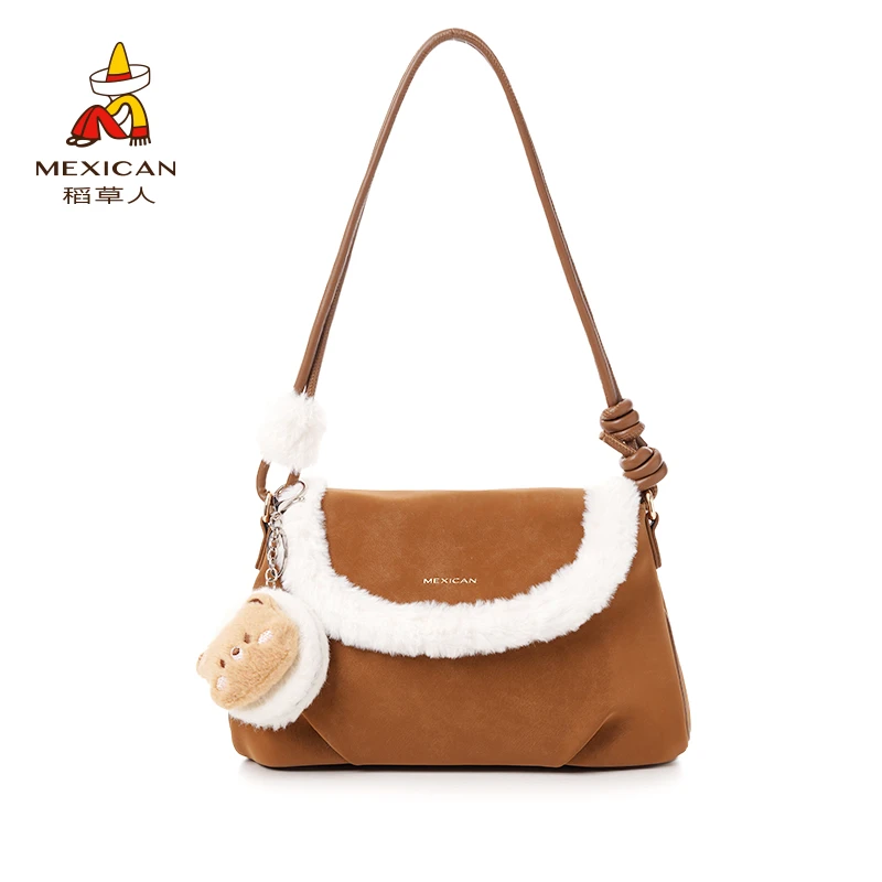 Mexican/稻草人2025冬季新款时尚百搭毛绒边翻盖单肩斜挎包