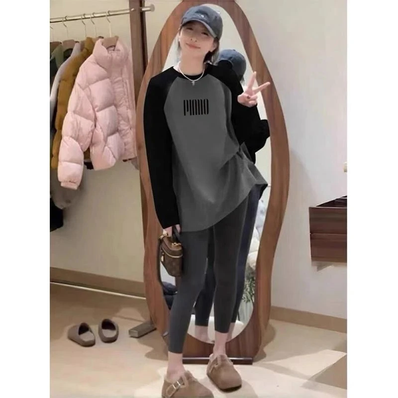 德绒磨毛保暖中长款遮屁股插肩拼接撞色长袖t恤女宽松打底衫秋冬