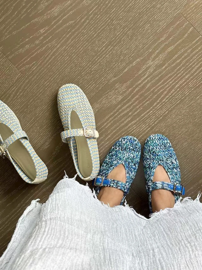 纯色镂空小香风耐磨休闲百搭单鞋方头编织软底时尚搭扣圆头平底鞋