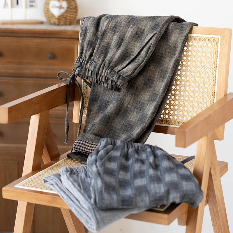 100%棉双层纱布男士家居裤薄款青年外穿直筒裤格子裤复古提花睡裤