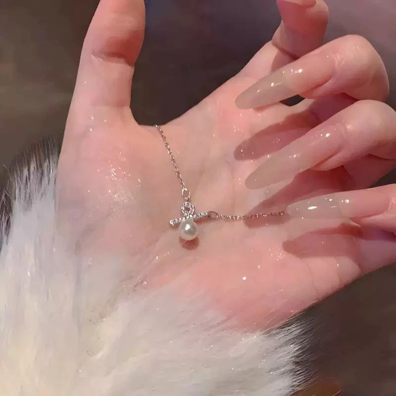 坠链均925银锆石 925银百分号珠珠项链气质赫本风轻奢百搭锁骨链