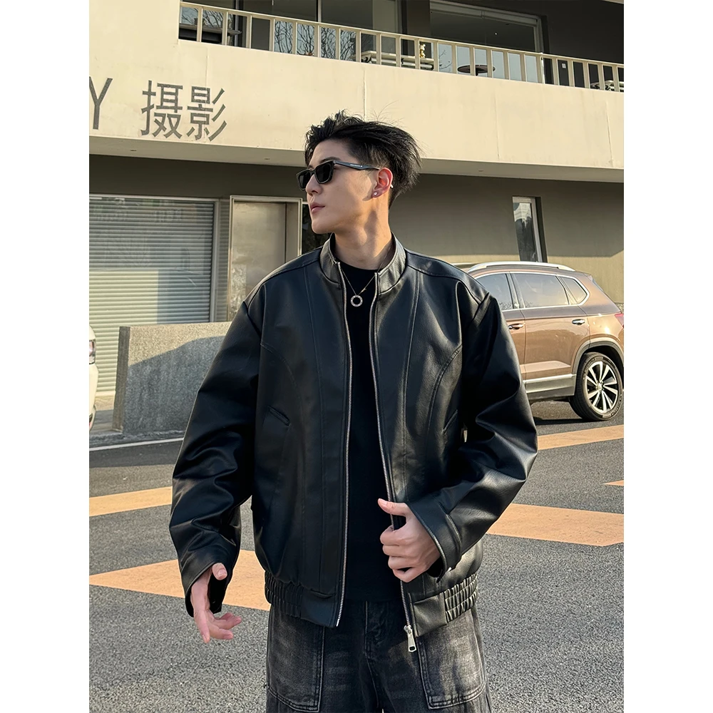 右刹 简约外套春秋季美式潮牌痞帅立领棒球服宽松休闲机车皮夹克