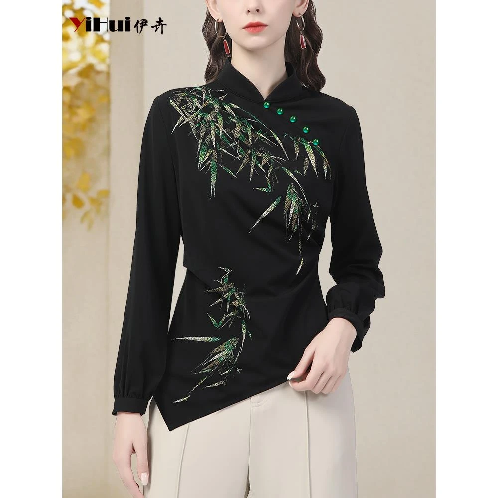 YIHUI伊卉新中式国风印花衬衫上衣女弹力立领打底修衬衣SI257335