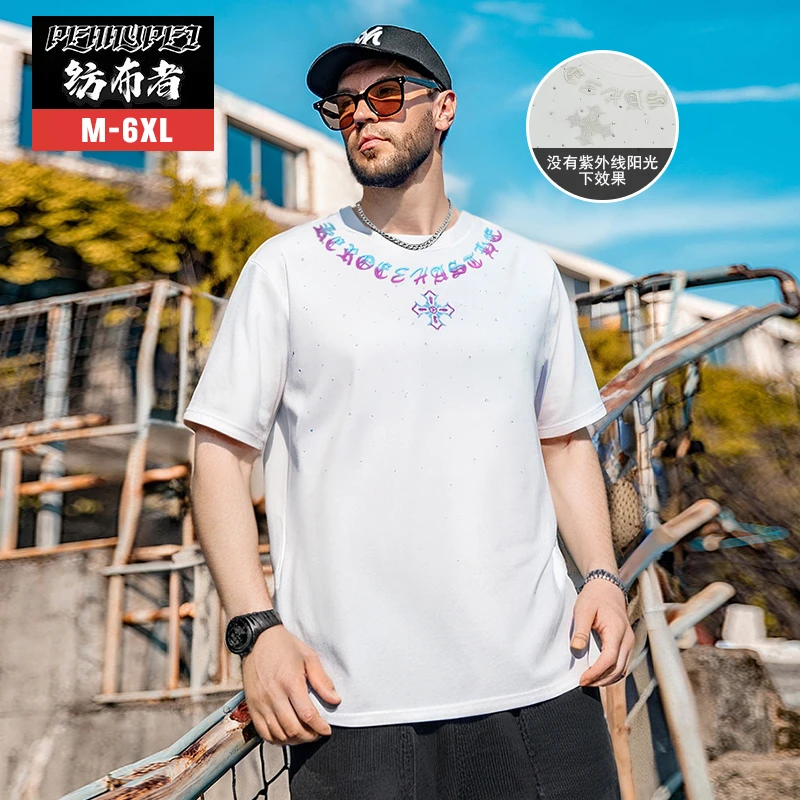 纺布者潮牌大码T恤男短袖夏季男装加肥加大半袖光变刺绣上衣T1983