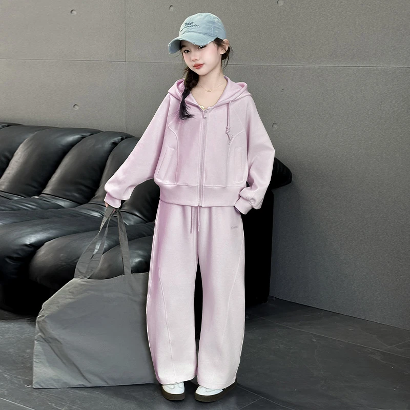 春秋卫衣套装女童新款休闲裤子短款外套针织连帽2025中大童女孩潮