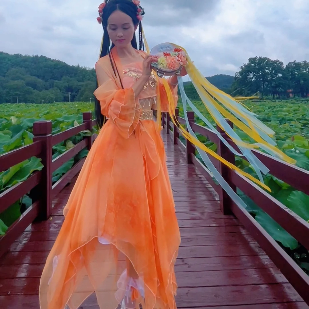 橙色印花锦鲤纱仙气古风仙侠影视小师妹服装