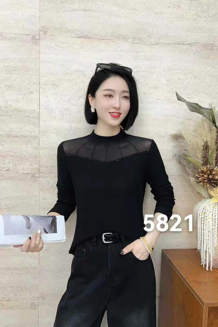 5821秋季新款半高领网纱长袖休闲百搭时尚t恤显瘦修身打底衫女