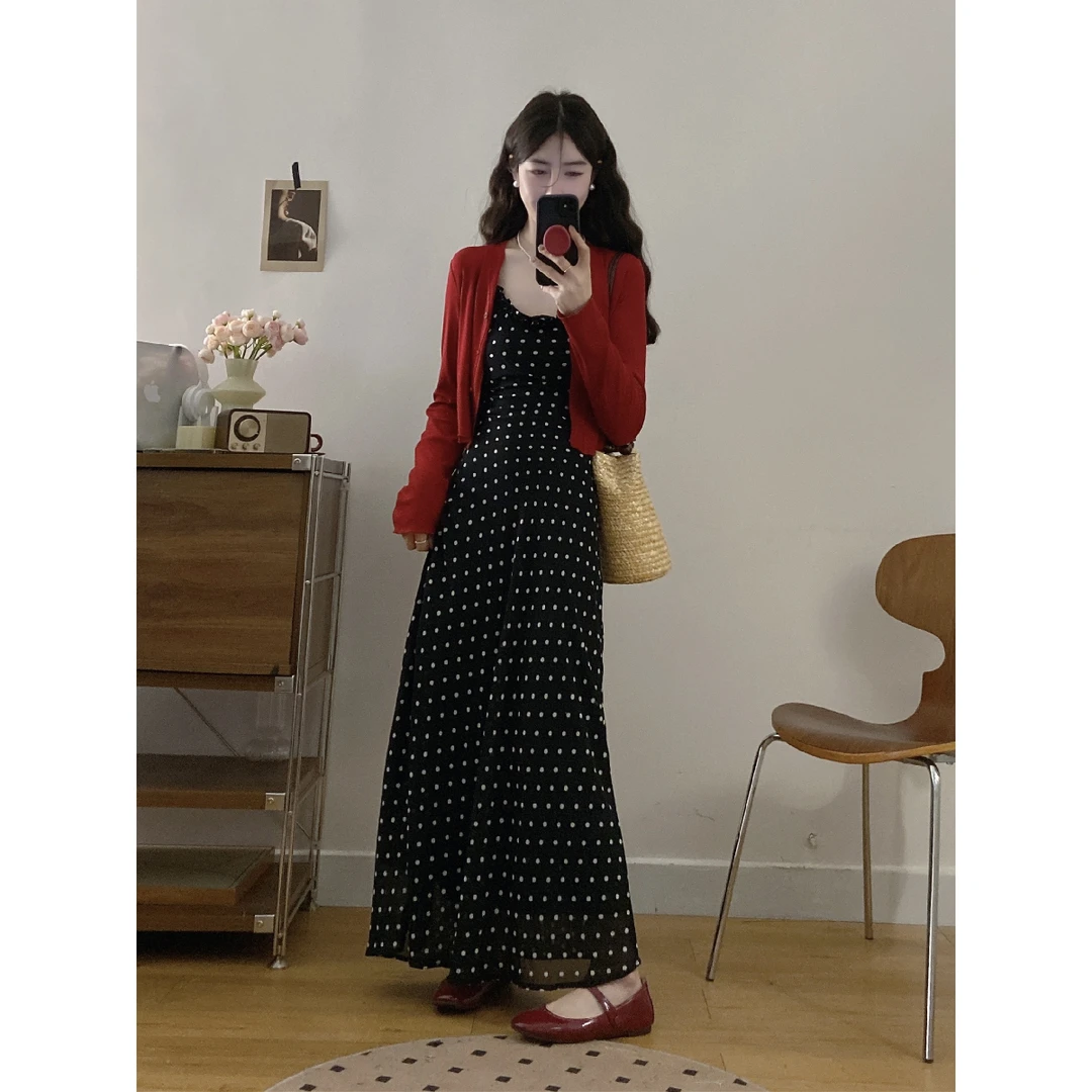 大码【日暮伊甸园】胖mm气质时尚波点无袖吊带连衣裙开衫洋气穿搭