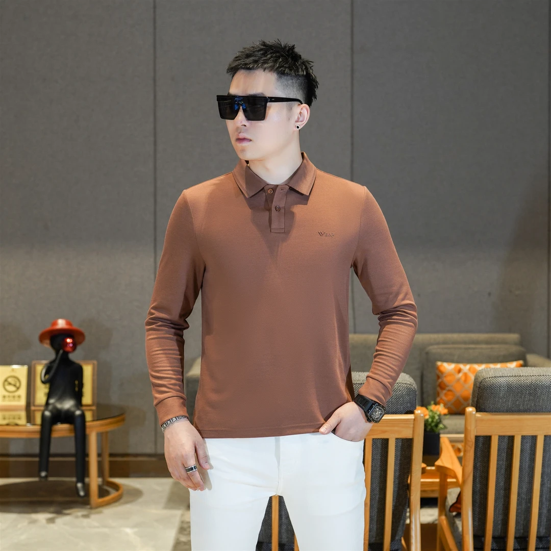 2025秋季新品男装商务休闲焦糖色长袖翻领POLO衫百搭上衣男GL512