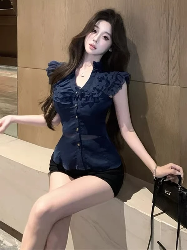 超好看独特漂亮短款修身雪纺衫韩系小个子绝美上衣2025年夏季新款